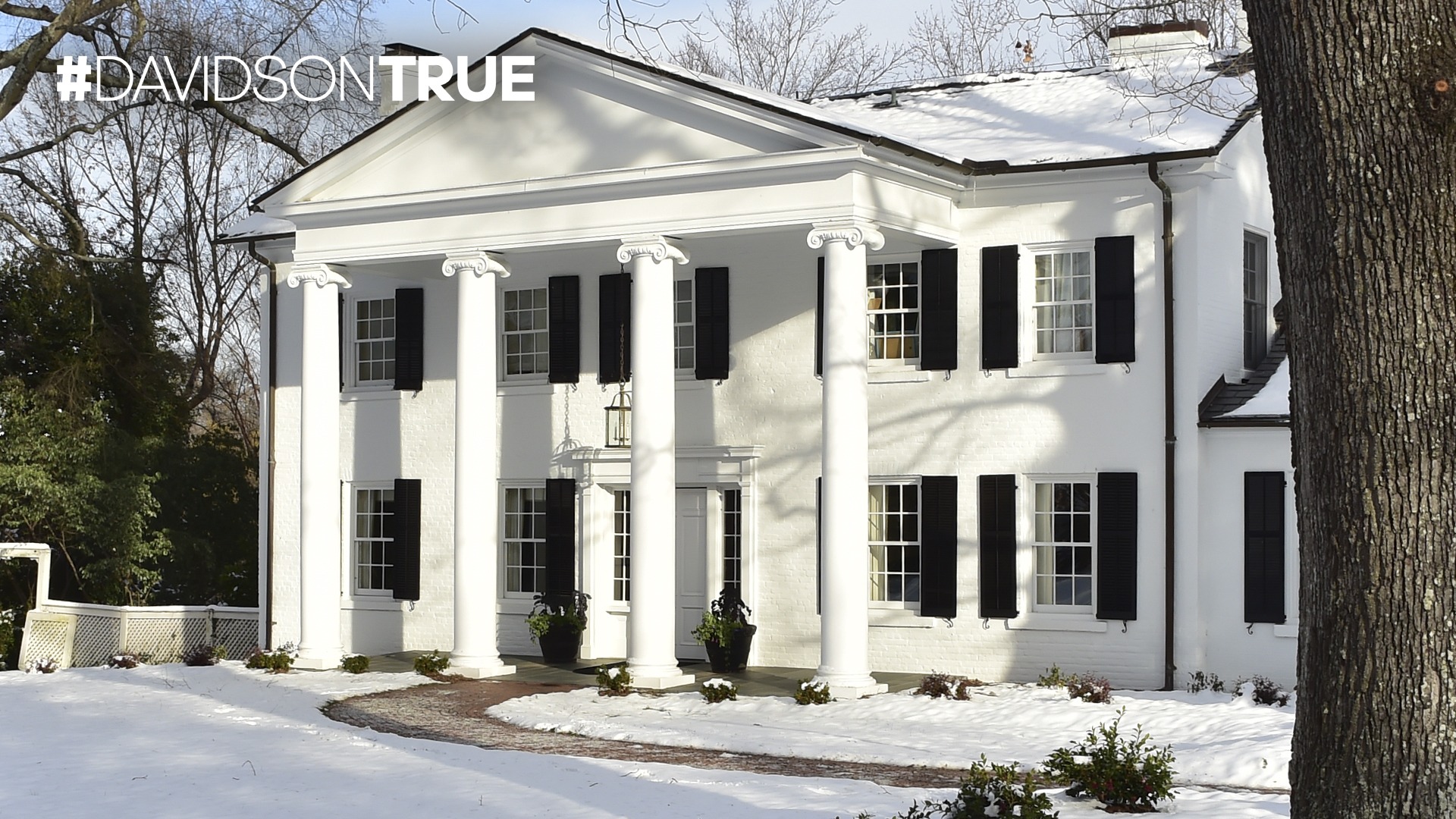 President's House during snow and Davidson True Wordmark